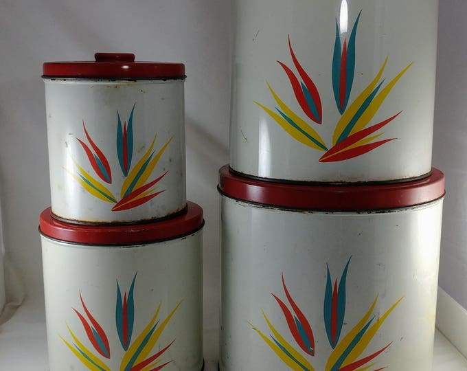 Set of Vintage Kitchen Canister Tins, Pantry Tin Canister Set, Tin Folk