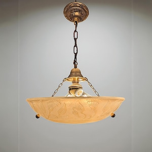 Antique Ca 1915 Electric Art Nouveau Glass Ceiling light Fixture Chandelier Three Chain Floral Iridescent Glass Shade Benjamin Dual Socket