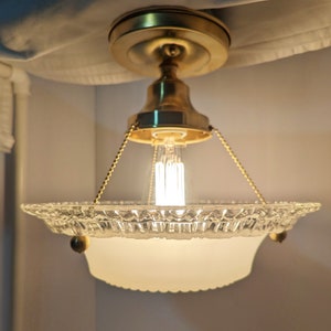 Vintage Art Deco Frosted Glass Chandelier: Floral Ribbon Bow, Brass Chains