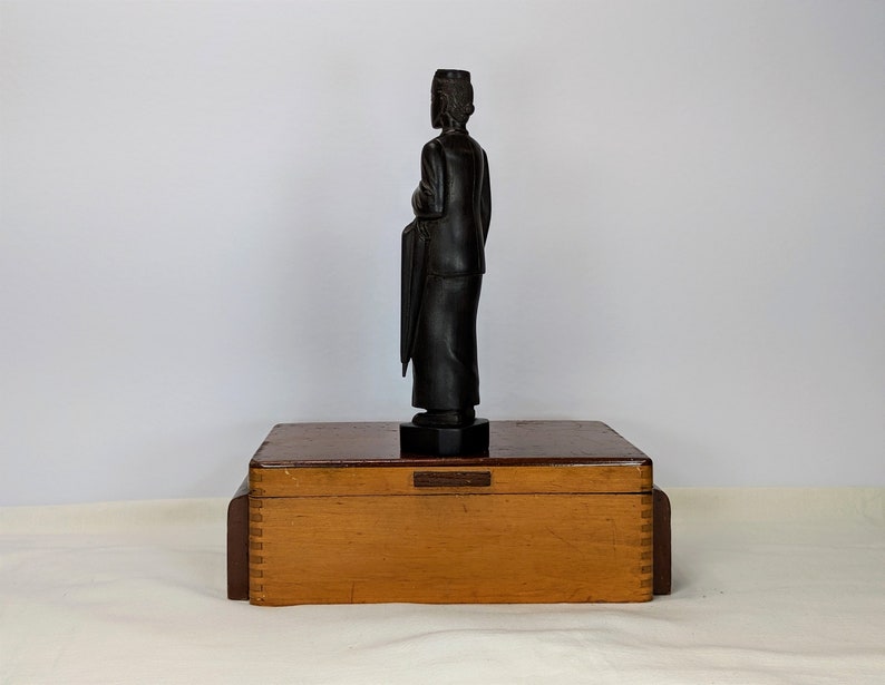 Antique Folk Art Wood Carving of a Man Holding an Umbrella in Traditional Dress Clean Hand Carved from Zitan Wood British Burma 1930-1940