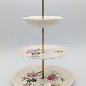 Vintage 3 Tiered English Cake Stand Royal Tudor Ware Azalea by Barker Bros England with Porcelain Cake Server Ca 1942 WWII English High Tea