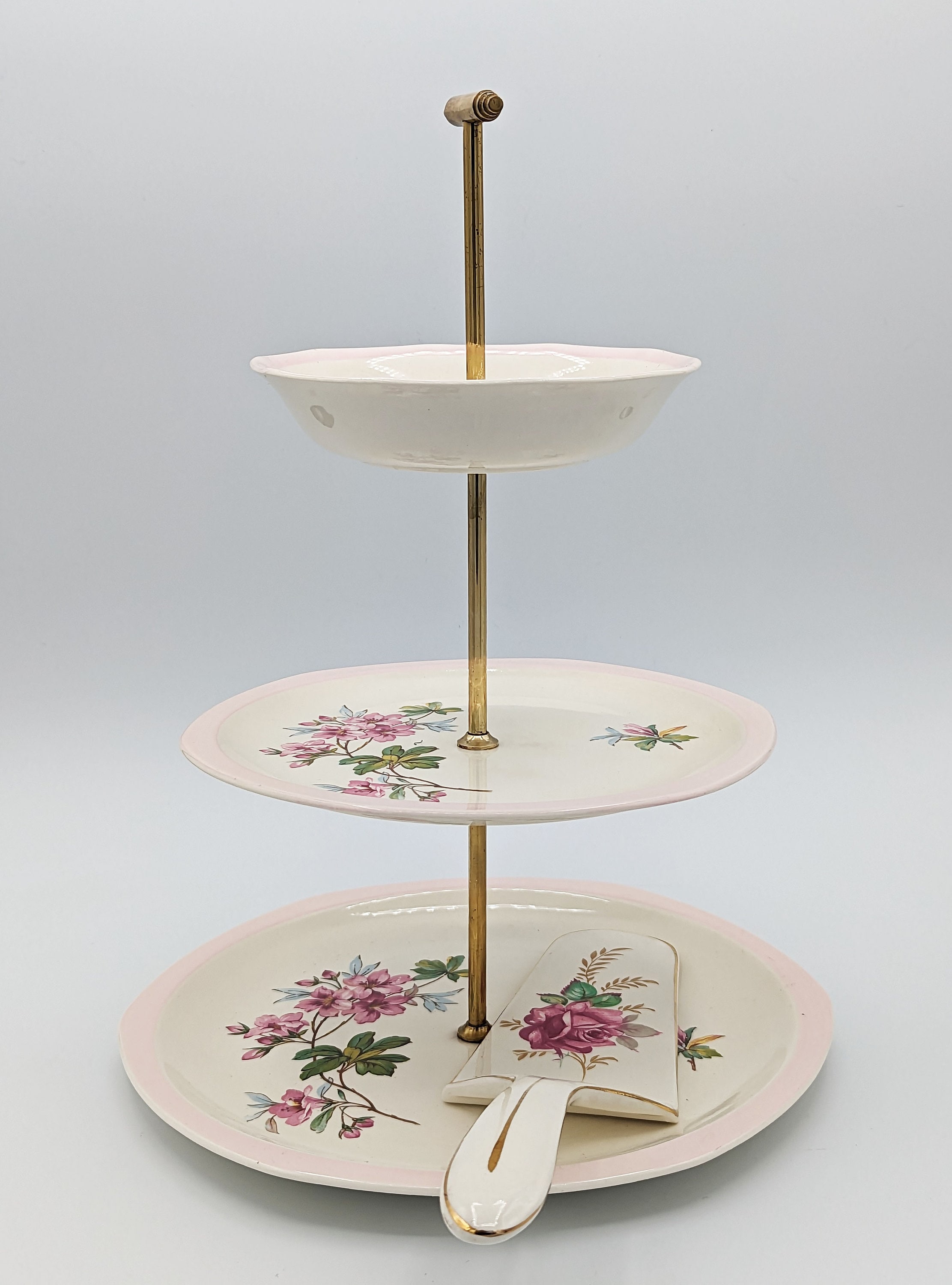 Vintage 3 Tiered English Cake Stand Royal Tudor Ware Azalea by Barker Bros England with Porcelain Cake Server Ca 1942 WWII English High Tea