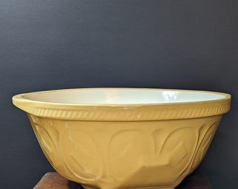 Vintage Gripstand mixing bowl by TG Green Church Gresley England Mid 1960's Stone ware Yellow Ware, Cane Bowl White Inside Medium 12.00 Inch