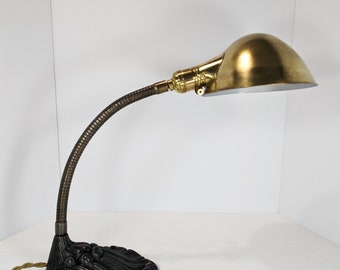 Antique Art Nouveau Electric Goose Neck Table Lamp, Desk lamp with Solid Brass Shade and Floral Cast Iron Base Ca 1907 Made in USA Restored
