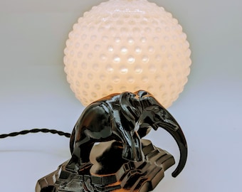 Antique Art Deco Elephant Lamp: Hobnail Glass, 1930s Table Lamp