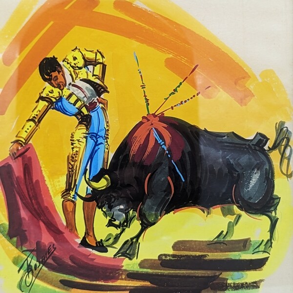 Vintage 1960's Mid Century Mexican Illustration of a  Matador Bull Fighter, Bull Fighting Signed Mexican Artist Water Colour Original Frame