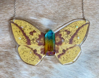 Real Imperial Moth with Quartz Point, Opal Butterfly Necklace, Nature Inspired, Resin Insect, Silver Moth Pendant, Entomology, Taxidermy