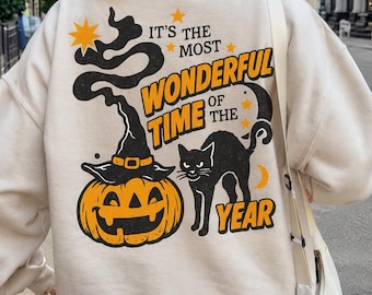 Womens Halloween Sweatshirt Vintage Skeleton Crewneck for Spooky Season Wonderful time of the year Skeleton