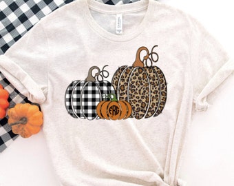 Buffalo Plaid T-Shirt, Cheetah Monogram Shirt, Cute Fall Top, Pumpkin Season Tee, Monogrammed T-Shirt, Grey Buffalo Plaid Tee, Cheetah Lover