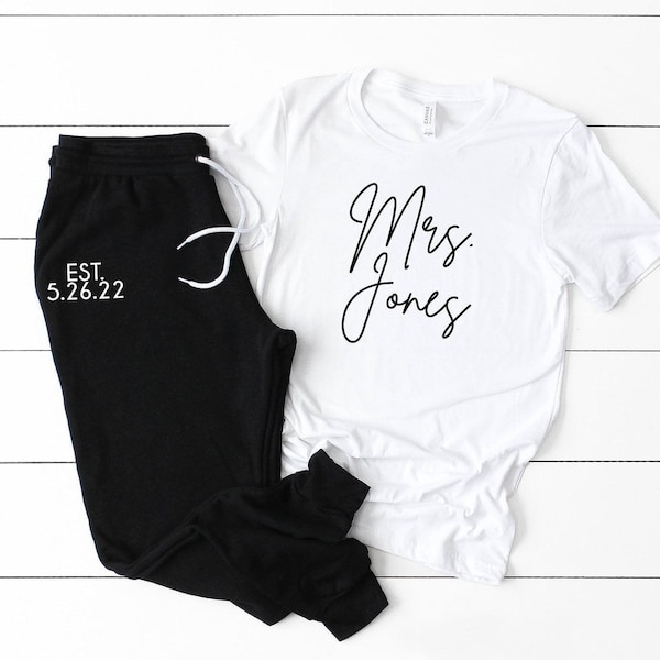 Personalized Bride T-Shirt, Honeymoon Pajama Sweatpants, Custom Wedding Gift
