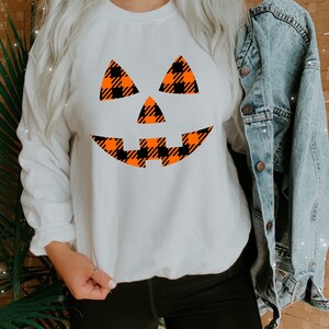 Buffalo Plaid Sweatshirt, Jack o lantern Sweatshirt, halloween outfit, cute fall sweatshirt, oversized shirt for halloween, halloween outfit