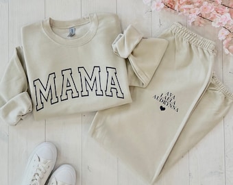 Custom Mama Set, Personalized Mom Sweatshirt outfit, Sweatpants for Mama, New mom gift w names, custom mom gift, Mama top, baby shower gift