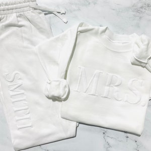 Embossed Bridal Gift Set, Mrs. Sweatshirt, New Mrs. Set, Mrs. Sweatshirt, Bride Sweatpants, New Mrs, Honeymoon Outfit, New Mrs. Joggers image 1