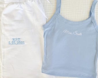 Embroidered Bridal Lounge Set, Mrs Tank Top & Joggers