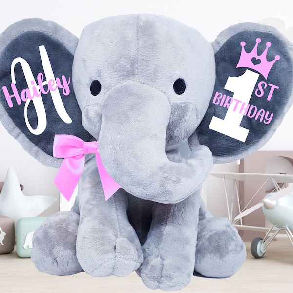 1st birthday gift, personalized birthday gift, birthday stuffed animal, birthday keepsake, birthday stuffed elephant, 1st bday gift