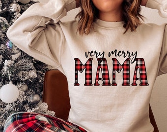 Merry mama, sweat-shirt de Noël pour femmes, femmes pyjamas de Noël, chemise Buffalo Plaid, pull de Noël, sweat-shirt de Noël