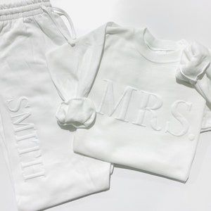 Embossed Bridal Gift Set, Mrs. Sweatshirt, New Mrs. Set, Mrs. Sweatshirt, Bride Sweatpants, New Mrs, Honeymoon Outfit, New Mrs. Joggers image 2