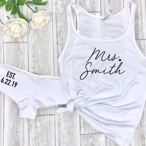 honeymoon outfit, custom bride underwear, bachelorette gift, future mrs tank, wedding gift, bridal shower gift set, custom bride sleep set