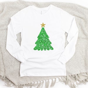 Women&#39;s Christmas Long Sleeve Shirt, Glitter Christmas Tree Top, Christmas Tee, Women&#39;s Holiday T-shirt, Women&#39;s Holiday Shirt