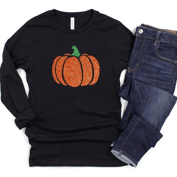 Women's Halloween Long Sleeve Shirt, Glitter Pumpkin Tee, Fall Shirt, Halloween Shirt, Women's Halloween Shirt, Women's fall shirt