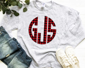 Buffalo Plaid Christmas Monogram Sweatshirt, Custom Gift