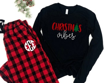 Christmas Buffalo plaid Pajamas, womens christmas pajamas, Christmas eve Pajamas, Cute Christmas Sleepwear, monogram christmas pajamas