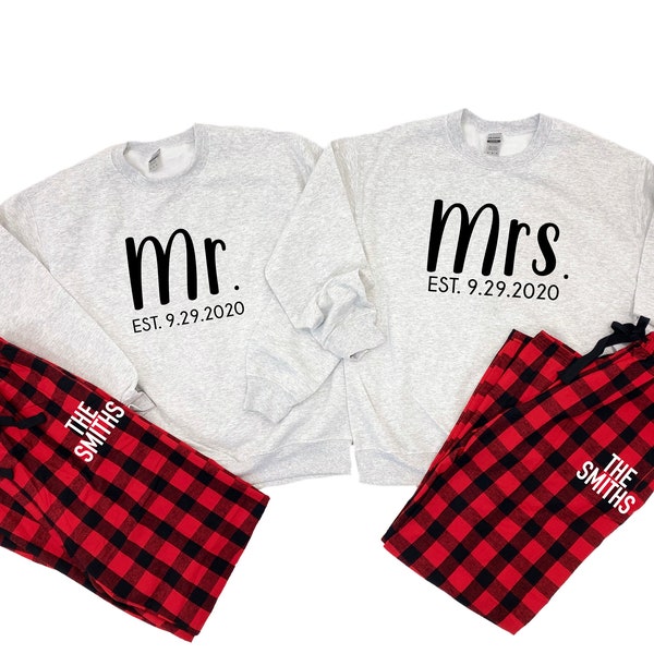 mr and mrs couple pajamas, Our First Christmas Pajamas, Couples Christmas pajamas, matching christmas pajamas, Newlywed Christmas Pajamas