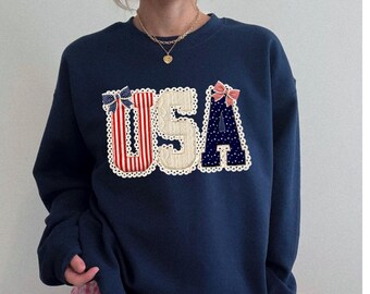 USA Patriotic Crewneck Sweatshirt, Red White Blue July Fourth Apparel