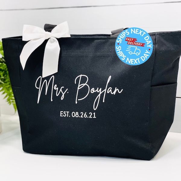 Personalized Mrs. Tote Bag, Custom Bridal Shower Gift, Wedding Travel Bag
