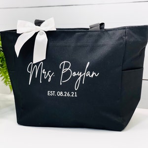 Personalized Mrs. Tote Bag, Custom Bridal Shower Gift, Wedding Travel Bag image 3