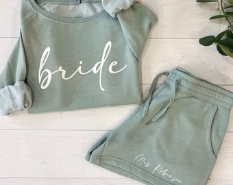 Bride to be outfit, Matching Bride sweatsuit, Bride sweatshirt, Honeymoon set, Custom bridal shorts, Bridal shower gift, Bridal gift set