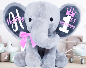 Cadeau du 1er anniversaire, cadeau d’anniversaire personnalisé, animal en peluche d’anniversaire, souvenir d’anniversaire, éléphant en peluche d’anniversaire, cadeau du 1er anniversaire