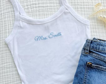 Embroidered Spaghetti Strap Tank Top, Mrs. Tank, Bride T-Shirt, Bridal Shower Gift, Engagement Gift, Bridal Tank Top, Mrs. Baby Tee,