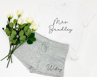 custom bride gift, bride sleepwear, mrs shirt, bride shirt, wedding gift, bridal party gift, honeymoon shirt, newlywed shirt, rose gold