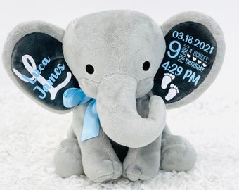 personalized elephant, stuffed animal gift, baby shower gift, newborn gift, new baby gift, birth announcement, baby gift, welcome home baby