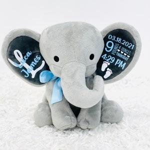 personalized elephant, stuffed animal gift, baby shower gift, newborn gift, new baby gift, birth announcement, baby gift, welcome home baby