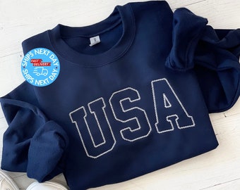 Embroidered USA Sweatshirt, Women's 4th Of July Sweatshirt, Embroidered 4th Of July Sweater, 4th Of July Crewneck Sweatshirt, USA Crewneck