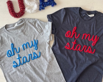 4th of July Shirt Women Embossed Oh My Stars Patriotic Funny America Tee