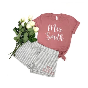 Custom Bride Sleepwear Set, Rose Gold Mrs Shirt, Bridal Party Gift
