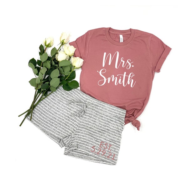 Custom Bride Sleepwear Set, Rose Gold Mrs Shirt, Bridal Party Gift