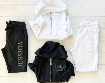 Embossed Bridesmaid PJs, Bridesmaid PJs, Maid of Honor PJs, Bridal Party Half Zip, Wedding Morning Sets, PJ Sets for Bridal Party
