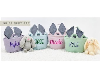 Personalized Seersucker Easter Basket, Egg Hunt Tote Bag