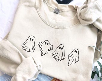 Women's Halloween Sweatshirt, Embroidered Ghost Sweatshirt, Ghost Crewneck, Halloween Sweater, Cozy Fall Sweatshirt, Halloween Outfit