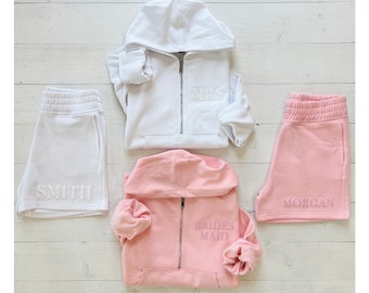 Embossed Bridesmaid PJs, Bridesmaid PJs, Maid of Honor PJs, Bridal Party Half Zip, Wedding Morning Sets, PJ Sets for Bridal Party