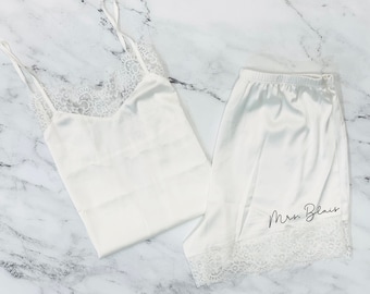 lace bridal outfit, lace pajamas, bride lace pjs, bride pjs, honeymoon outfit, bachelorette gift, future mrs tank, bridal shower gift set