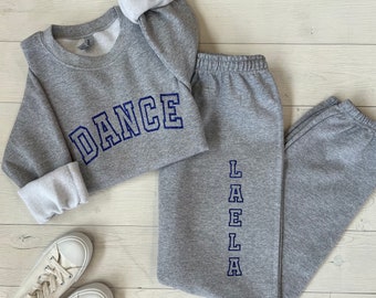 Glitter Dance Sweatshirt Set, Sparkly Dance Competition Outfit, Custom Dance Comp sweatpant, Dance Recital Sweatsuit w name, gift for dancer
