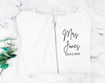 custom bridal gift, custom women's hoodie, bride zip up, personalized gift for bride, wedding gift, honeymoon pajamas, bride to be gift,