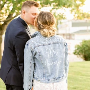 Bride jean jacket with pearls, Pearl jean jacket, bride jean jacket, Mrs Denim Jacket, Personalized Jean Jacket, Bride Jacket, Bridal gift image 1