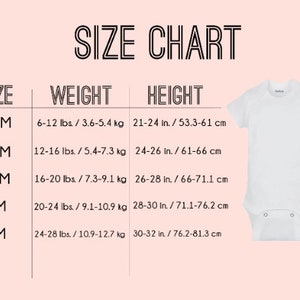 May include: A white baby onesie next to a size chart. The chart lists sizes 0-3M, 3-6M, 6-9M, 12M, and 18M, with corresponding weight in pounds and height in inches. The text "SIZE CHART" is at the top.