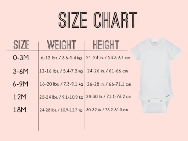 May include: A white baby onesie next to a size chart. The chart lists sizes 0-3M, 3-6M, 6-9M, 12M, and 18M, with corresponding weight in pounds and height in inches. The text "SIZE CHART" is at the top.